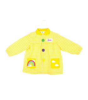 Bata escolar con botones, personalizada, color amarillo, arco iris