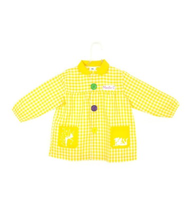 Bata escolar con botones, personalizada, color amarillo, campanilla